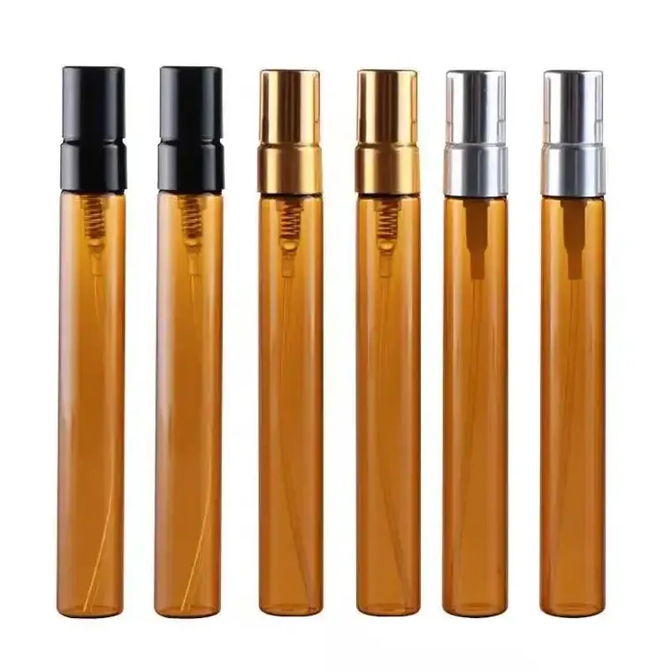 Amber empty sample spray bottles with gold, silver and black atomizers